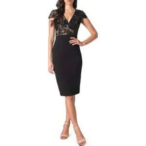 Dress The Population Black Lace Ivy Sheath Midi Black Dress Size XS